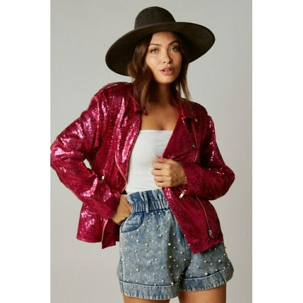 Make Way for Sequin Moto Jacket in Fuchsia - Picture 7 of 11